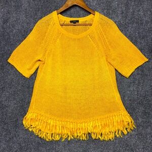 J.Crew Linen Sweater Medium Mustard Fringe Hem Short Sleeve Open Knit Raglan